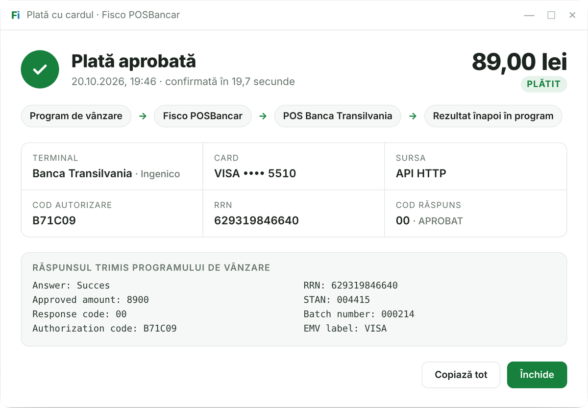 Plată cu cardul de 89 de lei aprobată în Fisco POSBancar, trimisă din programul de vânzare către terminal.